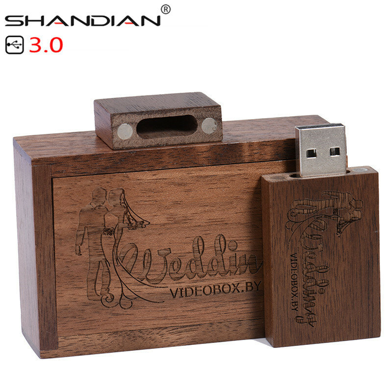 Shandian usb 3.0 de madeira, pendrive com caixa e flash drive, 4gb 16g 32gb 64gb, 1 peça criativa, logotipo grátis