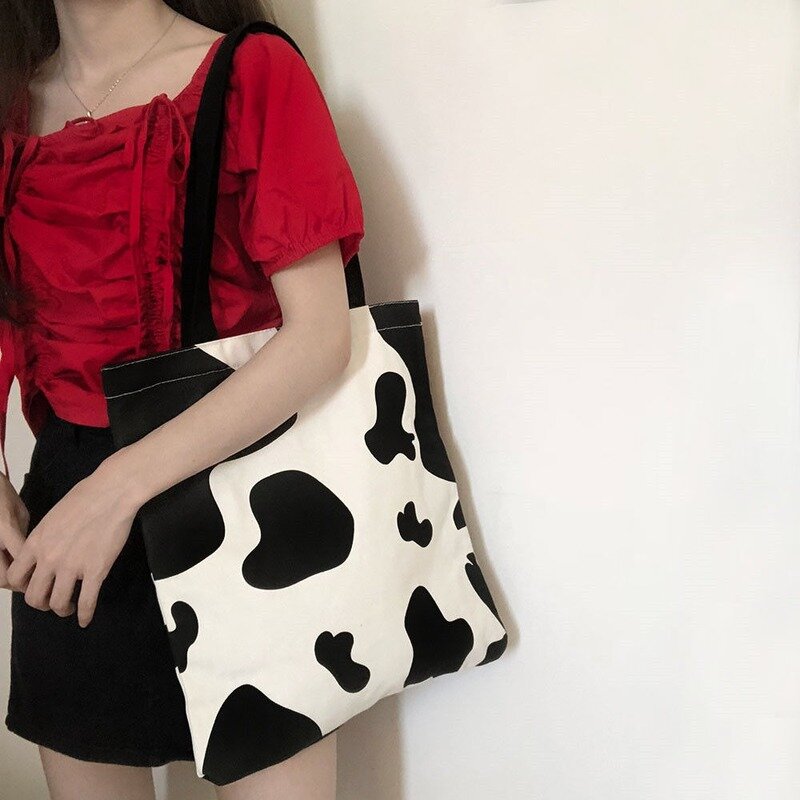 Einkaufstaschen Frauen Kuh Muster Leinwand Harajuku Süße Mädchen Ulzzang Koreanische Freizeit Beliebte Einfache Chic Shopper Weibliche Chic Ins