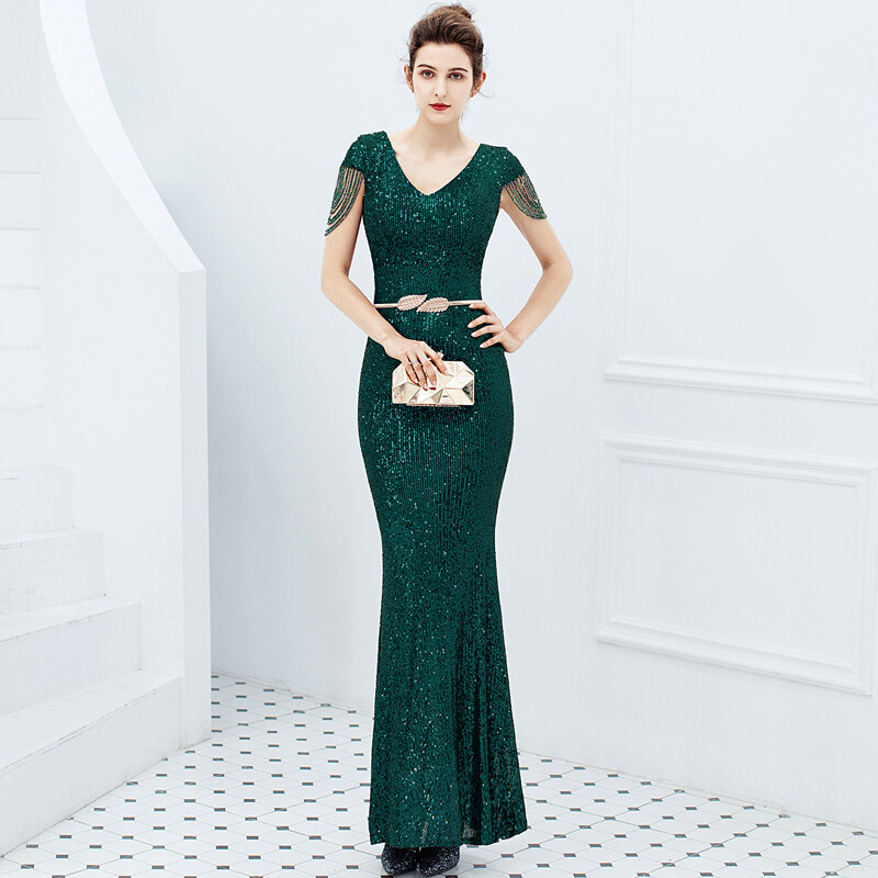 YIDINGZS 2021 Neue Frauen Pailletten Abendkleid Elegante V-ausschnitt Perlen Party Bodycon Maxi Kleid
