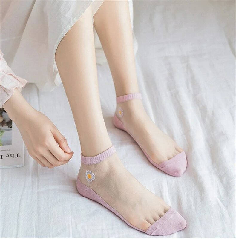 1 paio di calzini alla caviglia ultrasottili estivi da donna nuovi calzini elastici in seta con ricamo a margherita trasparente calzini corti per ragazze carine
