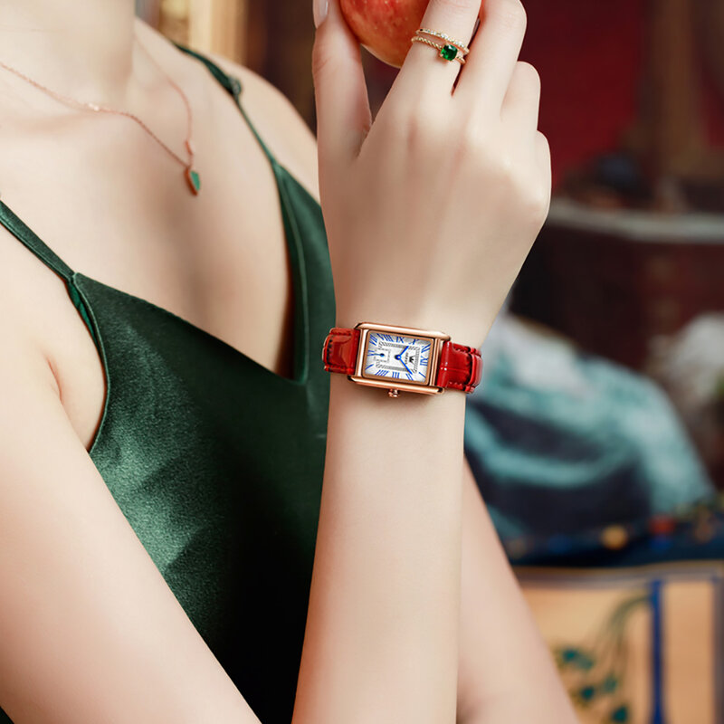 OLEVS-relojes de marca de lujo para mujer, de cuero rojo, informal, de moda, reloj de pulsera de cuarzo analógico rectangular de dígitos romanos