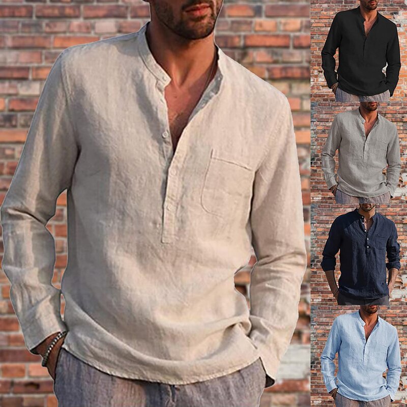 Jersey de manga larga con cuello en V para hombre, ropa holgada informal de Color sólido para playa, de talla grande, nueva moda