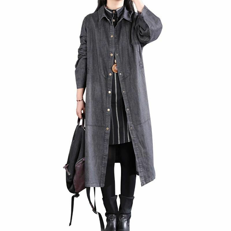 Outono 2021 novo casual feminino, solto comprimento médio, grande tamanho denim trench coat é popular