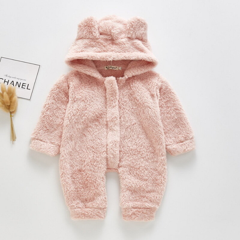2021 Korean Style New Winter Baby Girls Boys Romper Pink White Coffee Long Sleeves Hooded Jumpsuit Baby Clothing 0-2 Years E403