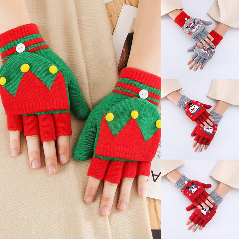 Теплые перчатки без пальцев для девушек и женщин, рождественские перчатки с рисунком Санта-Клауса, женские перчатки, вязаные перчатки с откидной крышкой