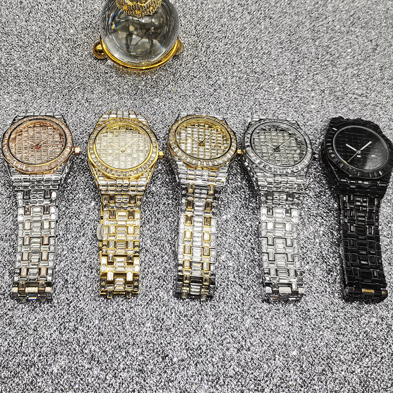 Missfox relógios masculinos marca de luxo hip hop completa baguette diamante relógio iced para fora 18k ouro relógios à prova dwaterproof água relogio masculino