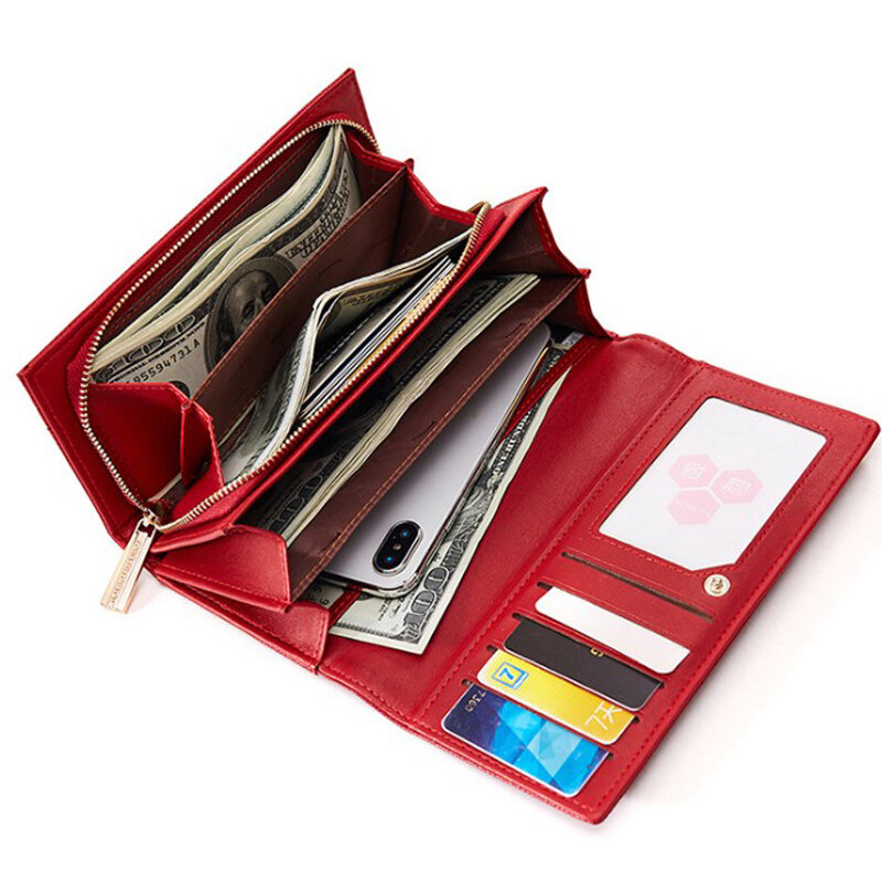 محفظة جلدية PU ذات سعة كبيرة للنساء ، محفظة بجيب بسحاب ، قفل RFID