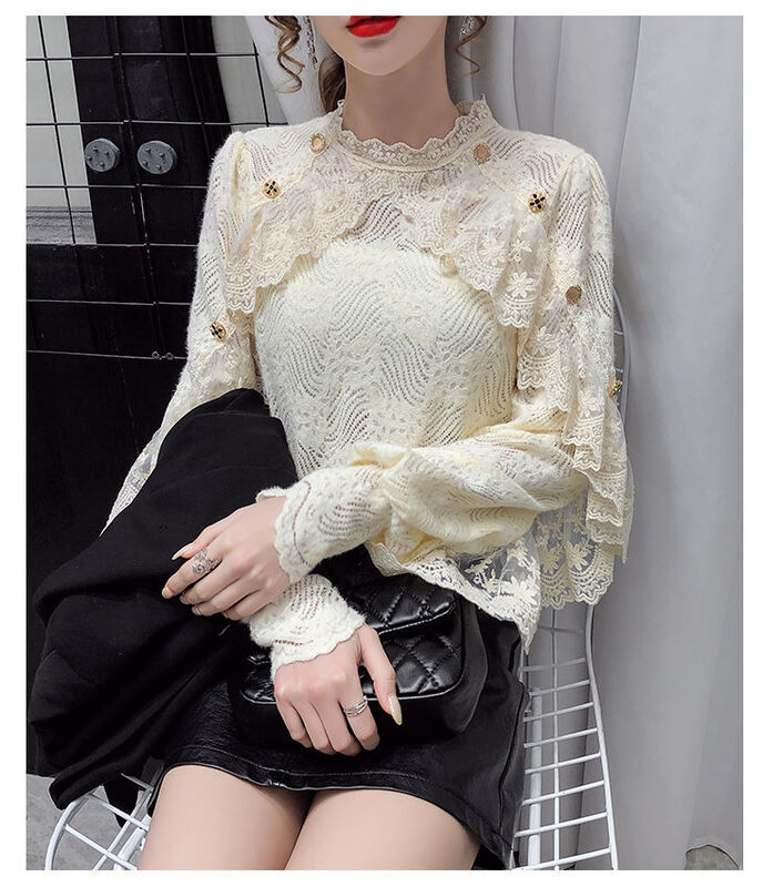 Lace bottoms women autumn/winter 2021 new small shirts in the air with lotus leaf edge long-sleeved mesh top tide