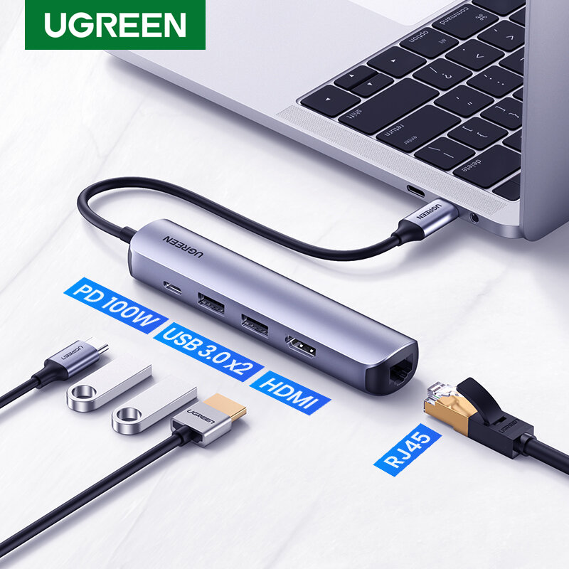 USB-концентратор UGREEN, мини-концентратор USB Type C 3,1 на 4K HDMI RJ45 USB 3,0, док-станция USB C для MacBook Pro MacBook Air 2020, ПК