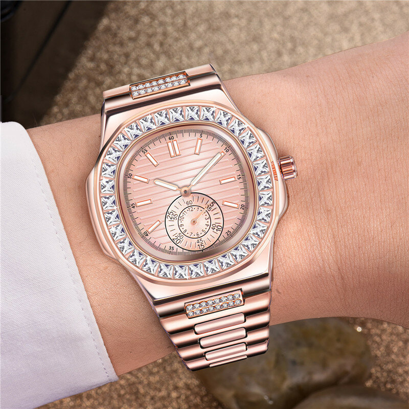 Diamante-Reloj analógico de acero inoxidable para Hombre, accesorio de pulsera resistente al agua con calendario, complemento deportivo masculino de marca de lujo con diseño militar a la moda