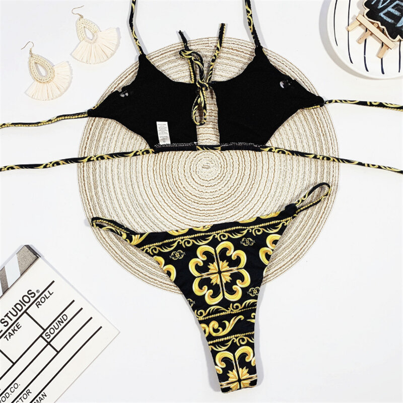 Bikini de estilo Halter para dama, traje de baño de dos piezas estilo halter con vendaje y tanga con estampado calado, cintura baja, 2020
