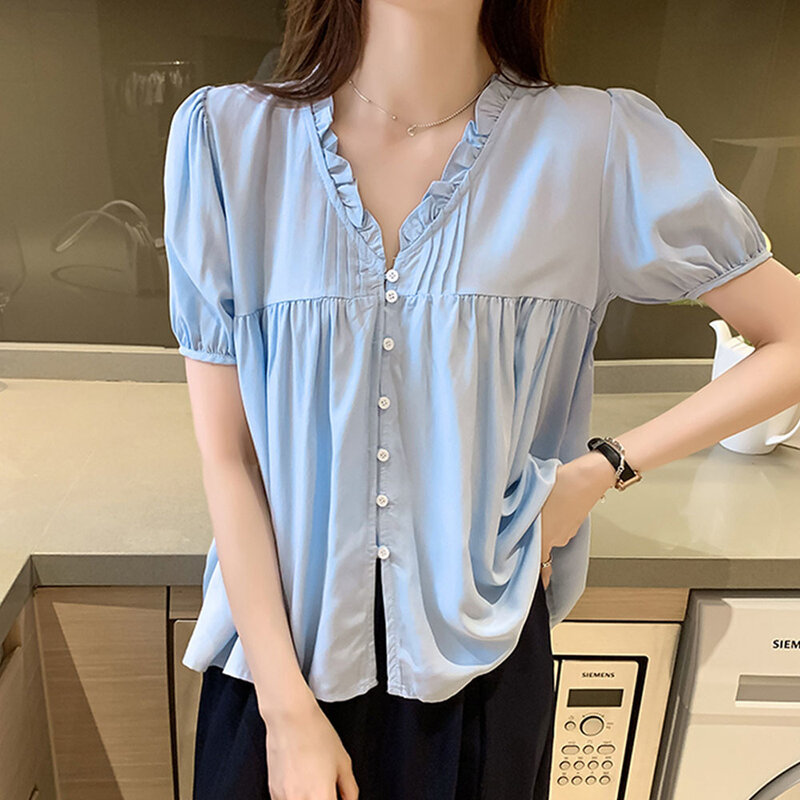 Женская блузка с V-образным вырезом, однобортная Повседневная Блузка в Корейском стиле, подчеркивающая индивидуальность, лето 2021