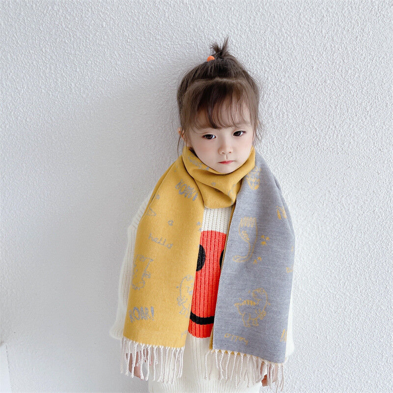 Зимний кашемировый шарф для детей, корейский толстый теплый мультяшный рисунок динозавра, кисточка, шерстяной шейный платок для мальчиков, детский праздничный подарок