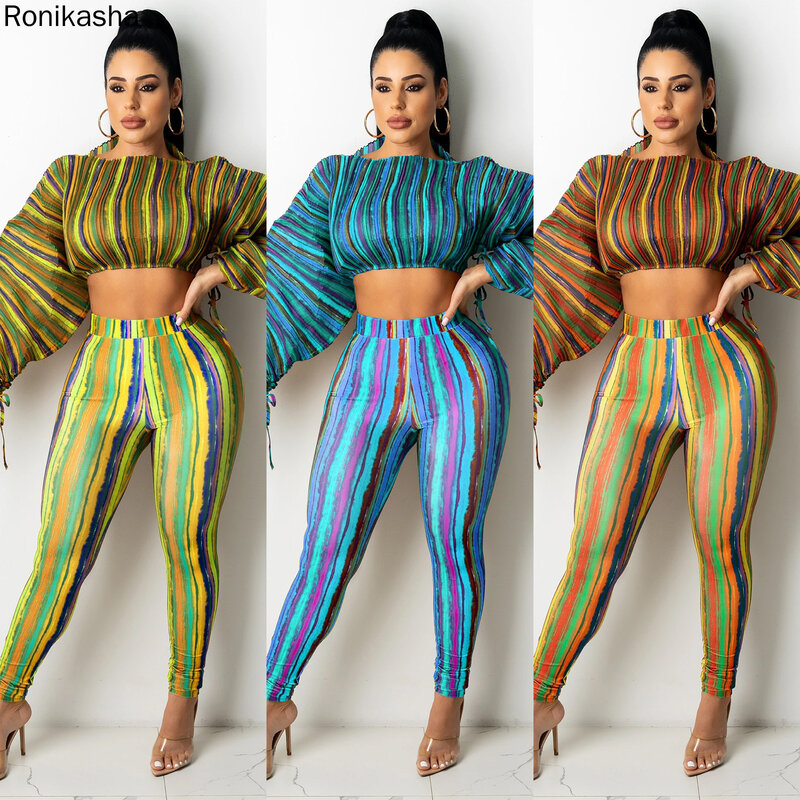 Ronikasha 새로운 여성 두 조각 세트 랜턴 슬리브 디자인 인쇄 스트라이프 drawstring과 긴 바지 Streetwear 일치하는 양복
