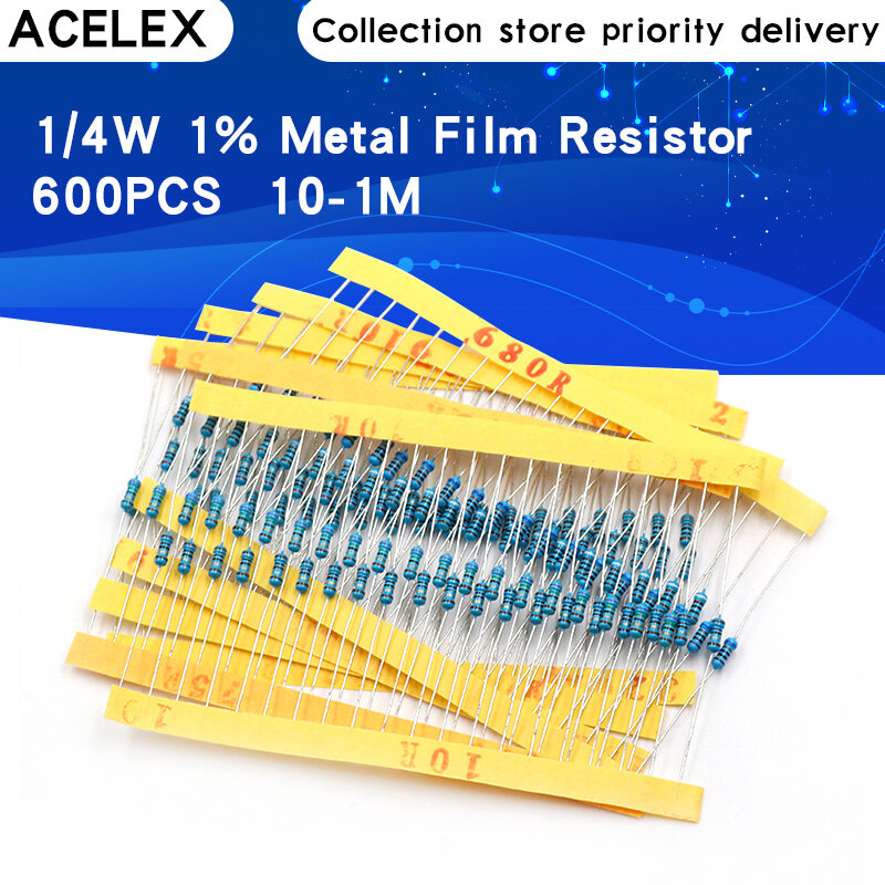 600 pces 1/4w 1% metal filme resistor sortido kit conjunto 10 o1 m ohm 30 valores cada 20 pces