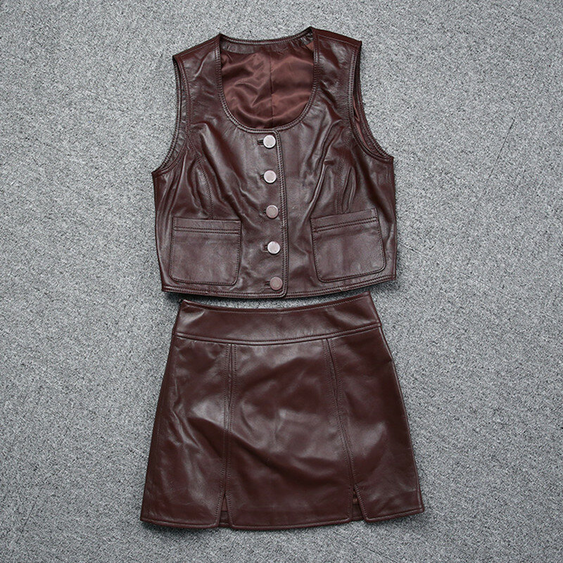 2021 New Arrival moda damska krótka oryginalna skórzana kamizelka + skąpe, krótkie spódnice, prawdziwe skórzane damskie garnitury
