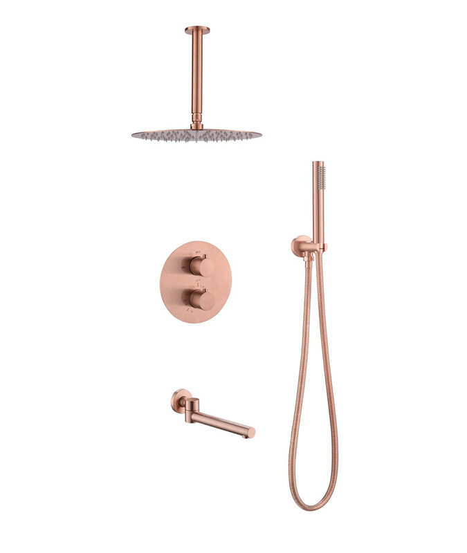 VOURUNA Thermostatic Shower System Ceiling Mounted Btahroom Shower Set Brushed Rose Golden Finish