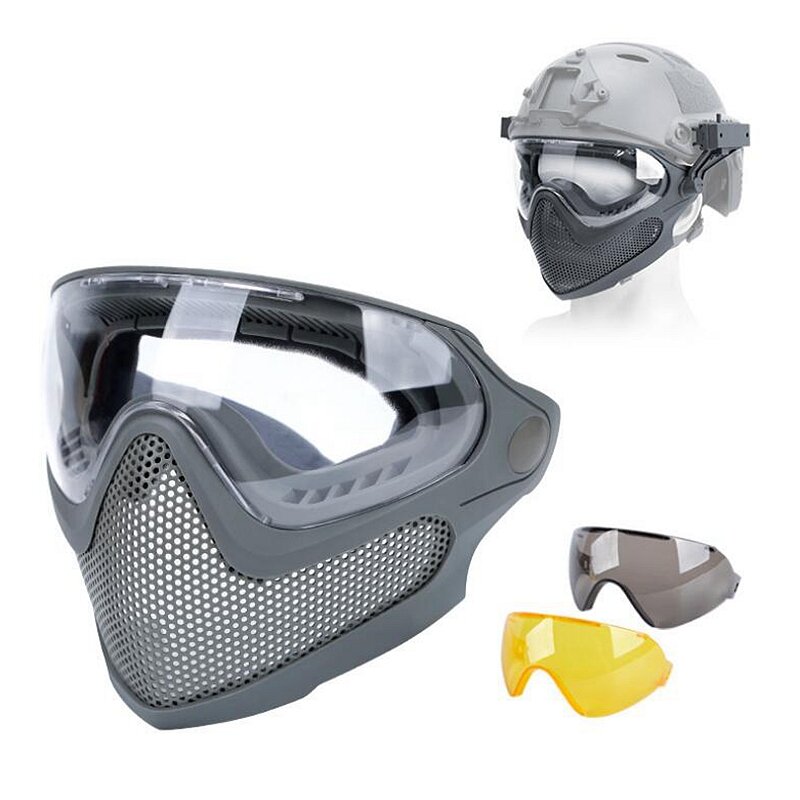 Perlengkapan Menembak Taktis Airsoft Paintball Masker Pelindung Keselamatan Antisinar Kabut Masker Wajah Penuh dengan Lensa Hitam/Kuning/Bersih