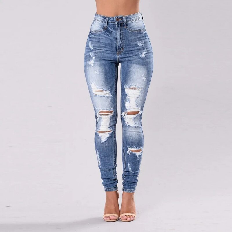 Feminino cor pura buraco sem bomba calças cultivar-se nove centavos jeans plus size cintura alta bolsos elásticos namorado jeans
