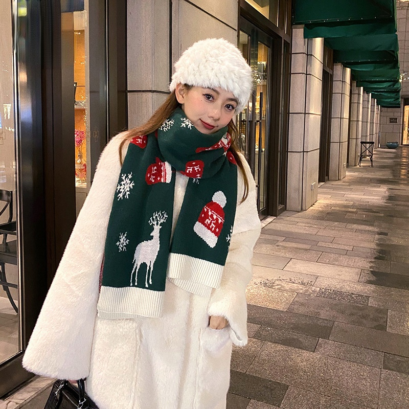 Christmas Deer Knitted Scarf Female Red Thick Warm Scarf Student Long Gift Green Christmas Snowman Women Scarves