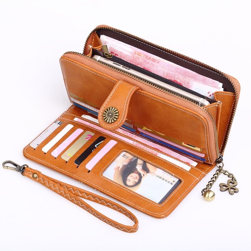Брендовый кожаный клатч для женщин, Дамский удлиненный кошелек на молнии, бумажник на ремешке для iPhone