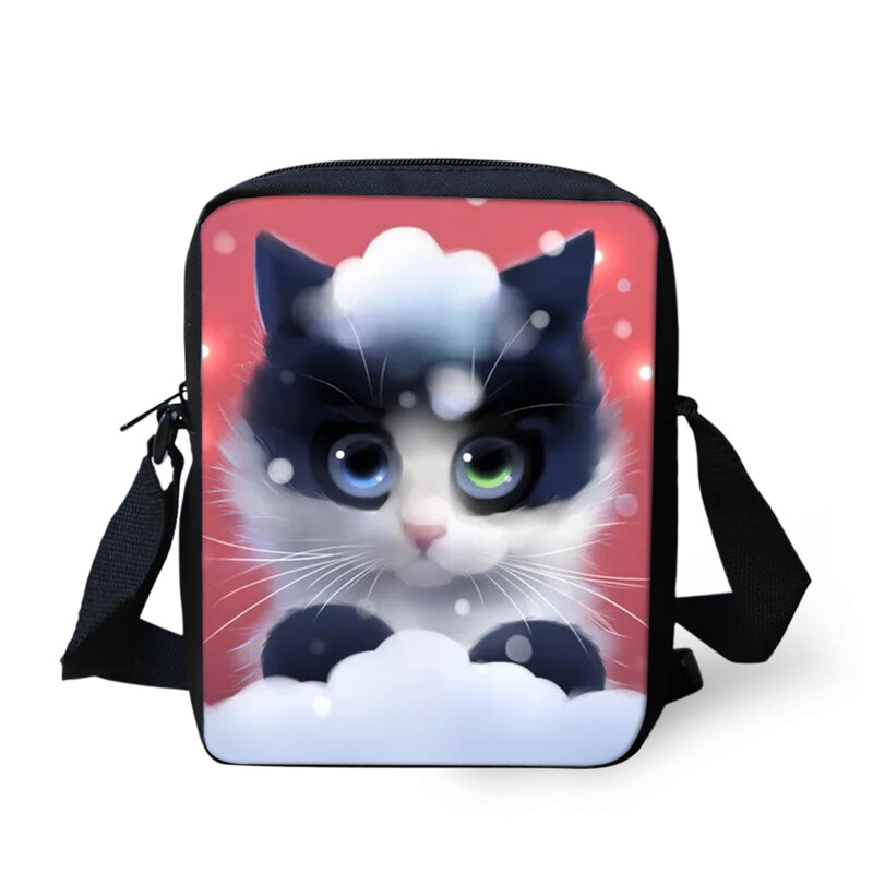 판타지 고양이 패턴 크로스 바디 작은 메신저 가방 여성용, 만화 동물 디자인 플랩 지갑 가방