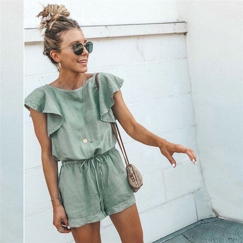 2021 new Playsuits Women Summer Elegant Jumpsuit Short Cotton Linen Casual Ruffles Elastic Waist Sexy Rompers Overall Mono Mujer
