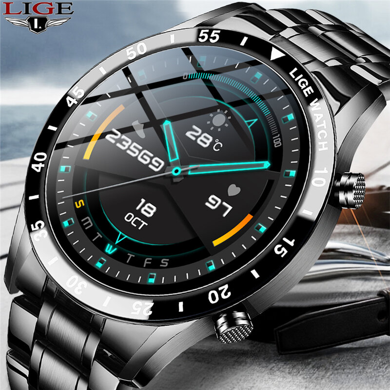 Lige-smartwatch masculino, relógio inteligente com tela sensível ao toque, à prova d'água, ip67, para atividades físicas, modelo de luxo, 2021