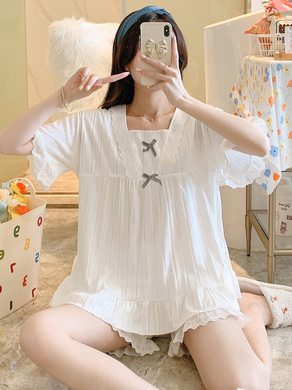 2021 New Pajamas Women's Summer Pure Cotton Two-piece Suit Home Clothes Short Sleeve Large Summer