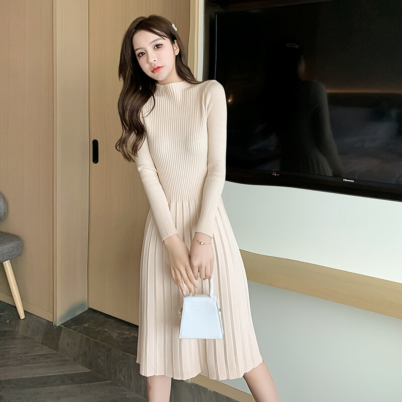 موضة شتاء جديد النسخة الكورية من سترة الخامس الرقبة مطوي فستان محبوك