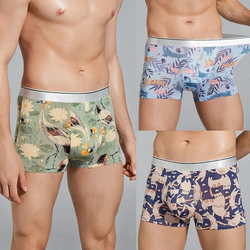 5pcs/Ice Silk Men's Underwear Seamless Underwear Men's Sexy Stretch Boxer Shorts Men's Summer Breathable Ultra-thin Fun Printing