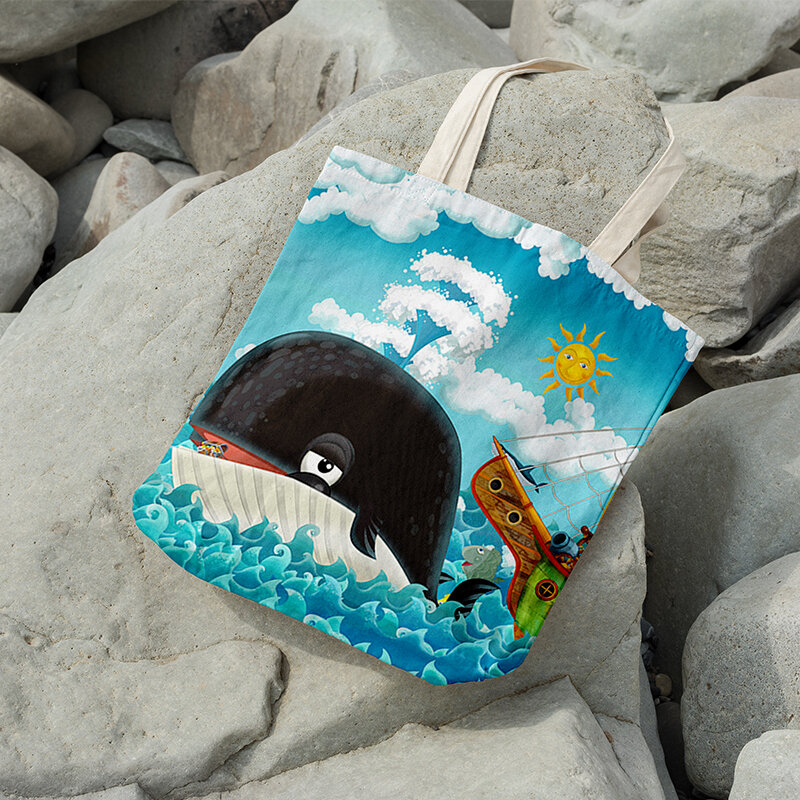 New Cartoon Women's Shoulder Bag Cute Animal Dolphin Mermaid Hand Sail Cloth Bag Shopping Tote Bag Large Capacity Groceries Bag