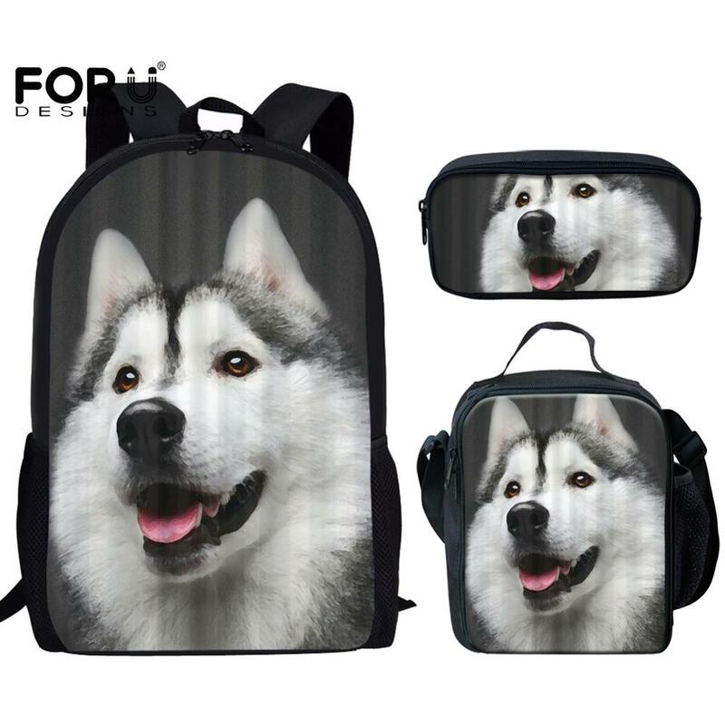FORUDESIGNS School Backpack 3Pcs Cute Siberian Husky Print Youth Grey Backpacks Cutomized Birthday Gift For Son/Daughter/Friends