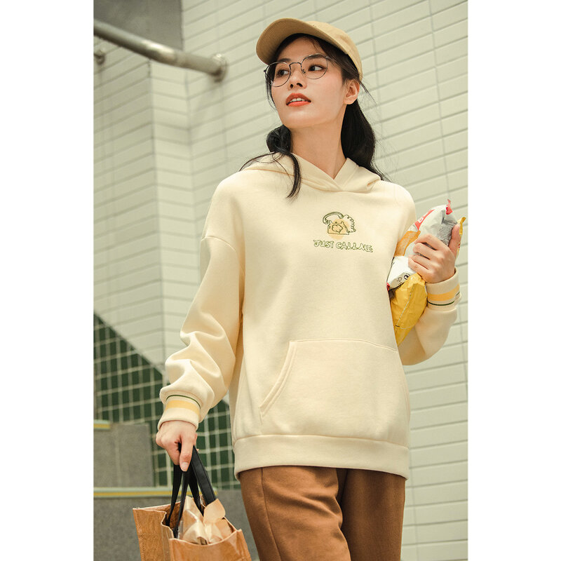 Xã INMAN Khoác Hoodie Nữ Thu Đông Họa Tiết Dễ Thương Thêu Tay Dài Nguyên Chất Cotton Nữ Nữ Trắng Ấm Áo Chui Đầu