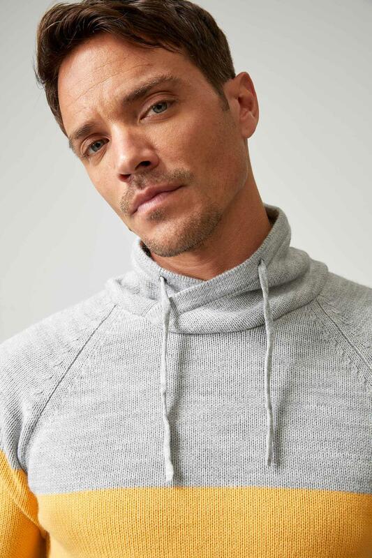 DeFacto Winter  Man Tricot Shawl Collar Block Patterned Knitwear Sweater Jumper Pullover Warm Casual Fashion-R8833AZ20WN