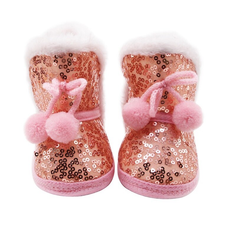 Stivali da neve caldi invernali con paillettes da bambina per neonato con palla di peluche scarpe da bambino in cotone antiscivolo per neonati first walking
