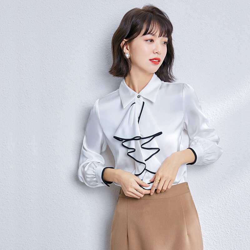 الكورية الحرير النساء البلوزات امرأة الساتان قميص مكتب سيدة Vintage قمصان النساء القوس قمصان بلايز حجم كبير امرأة الكشكشة الحرير بلوزة