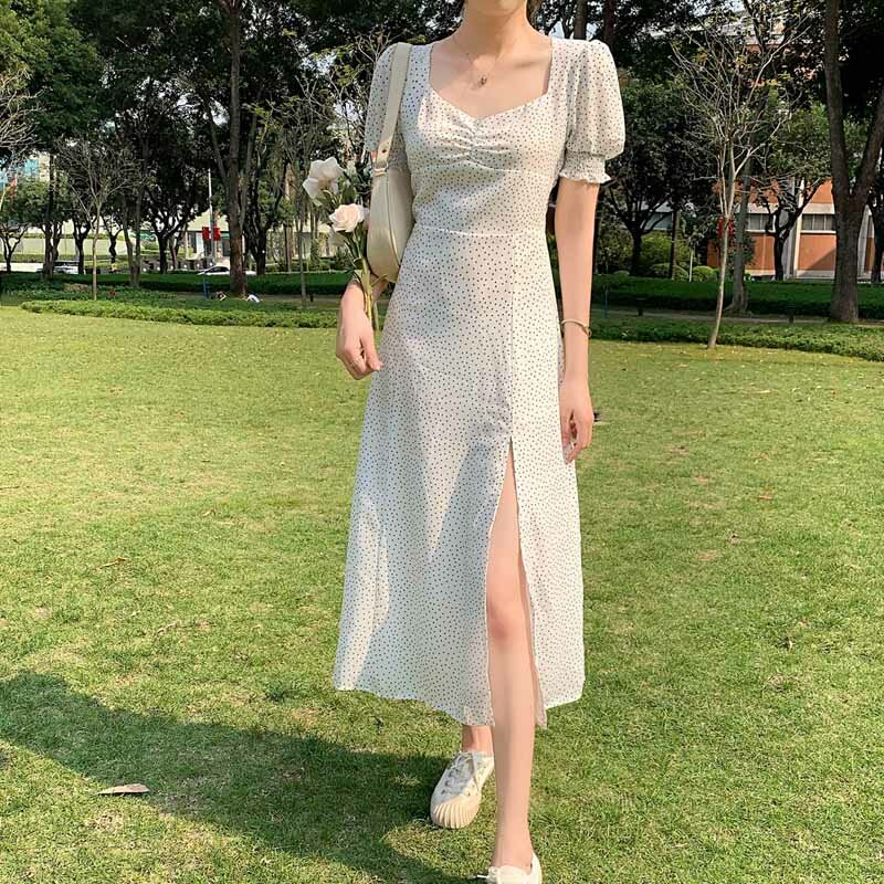 French Chiffon Dress Women Puff Sleeve Print Vintage Retro Dress Korean Office Lady Casual Summer Elegant Split Dress Women 2021