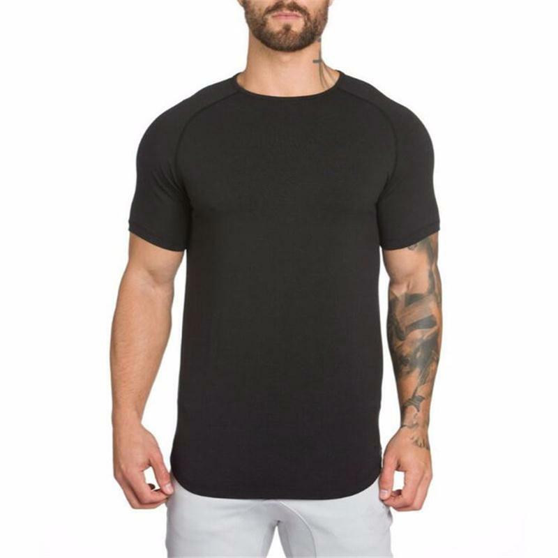 Camiseta deportiva larga y transpirable para hombre, Camiseta ajustada de manga corta para culturismo, de verano, Color sólido