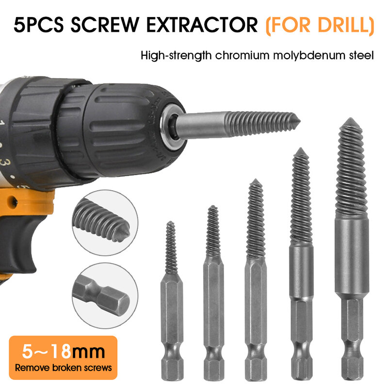 5Pcs Screw Extractor Hex Shank Stripped สกรู Remover Drill Bits สกรูความแข็งสูง Cr-Mo สำหรับเครื่องมือ