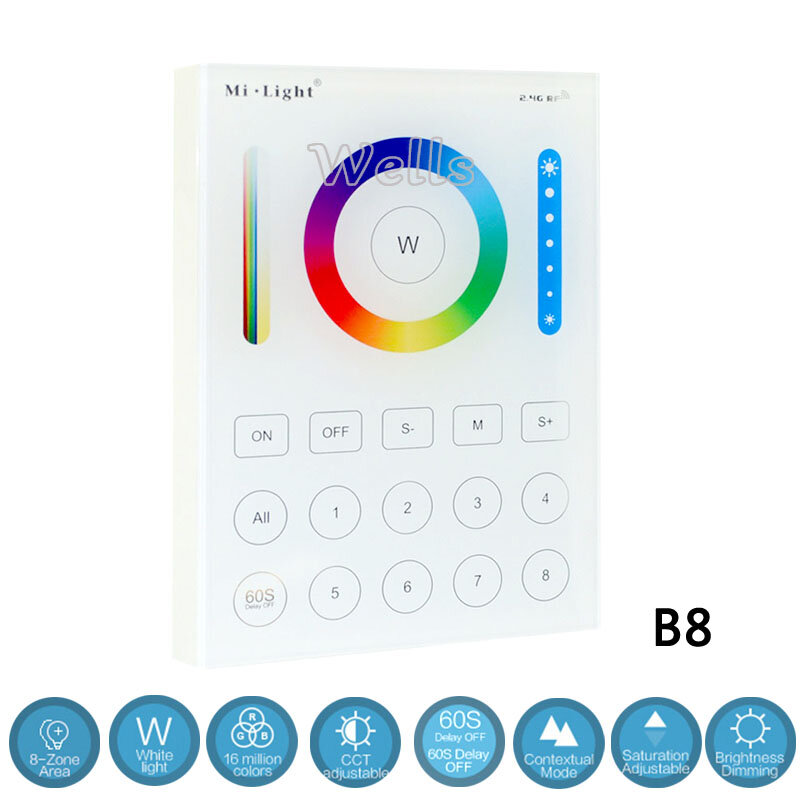 B8 Wand-montiert Touch Panel;FUT089 8 Zone remote RF dimmer;LS2 5IN 1smart led controller für RGB + CCT led streifen Miboxer