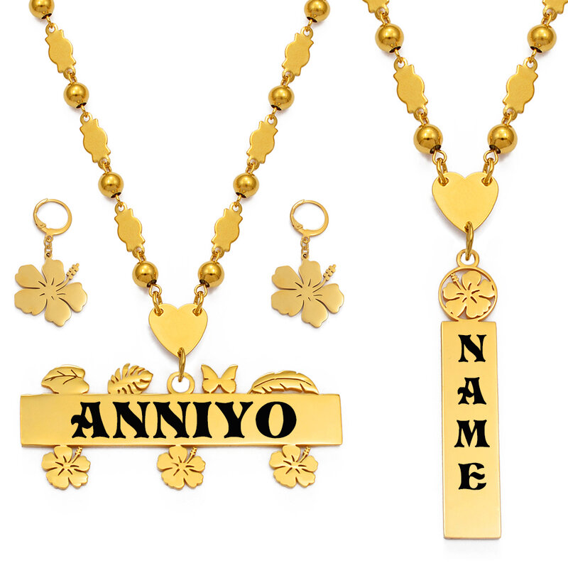 Anniyo-Conjunto de collar y pendientes personalizables con letras mayúsculas, joyería personalizable para hombre y mujer, Guam, hawaiana, Chuuk, kikibati, # 150121B