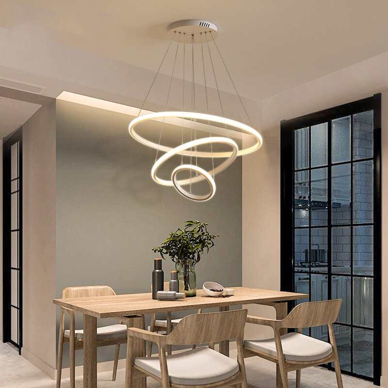 NEW Led Modern Pendant Lamp For Dining Room Kitchen loft Home Black Circle Deco Round Ring Hanging Chandelier Light Fixture