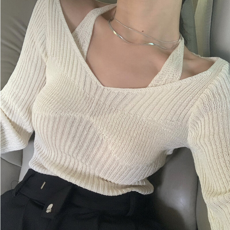 Suéter Halter blanco de dos piezas falso para mujer, suéter de manga larga, parte inferior ajustada, Top, Otoño, 2021