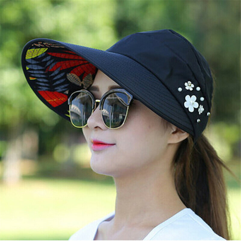 태양 모자 여성용 모자 모자 낚시 피셔 비치 모자 UV 보호 모자 블랙 캐주얼 여성 여름 모자 포니 테일 와이드 브림 모자