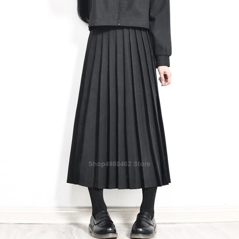 탄성 허리 일본 학생 여자 학교 유니폼 솔리드 컬러 JK 정장 Pleated 치마 짧은/중간/긴 고등학교 드레스