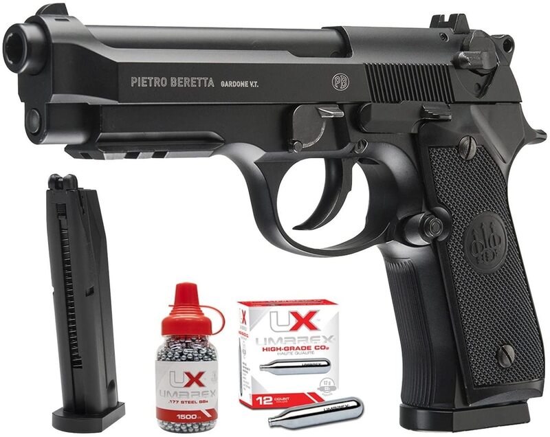 Beretta M92 A1 .177 pistola ad aria compressa in acciaio BB, targa in metallo a parete con soffiaggio (Bundle)