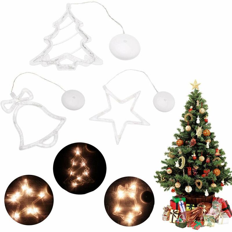 Luces Led de campana de Navidad, lámpara de estrella de muñeco de nieve con ventosa para ventana, alimentada por batería luz decorativa, para decoración del hogar