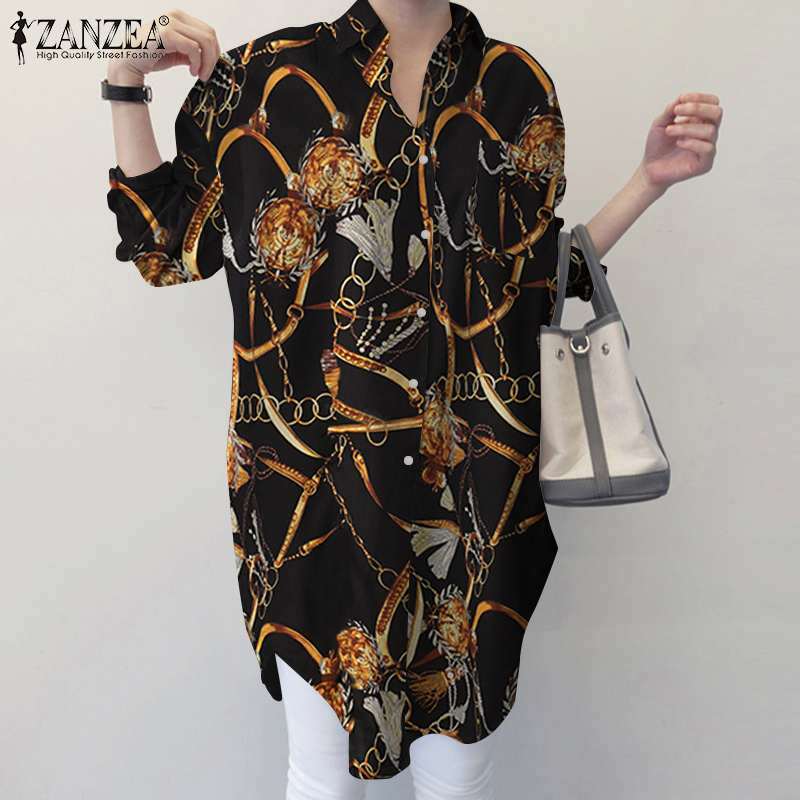 ZANZEA-Camisa estampada de manga larga para mujer, Blusa holgada informal de oficina con solapa de gran tamaño, a la moda, primavera y otoño, 2021