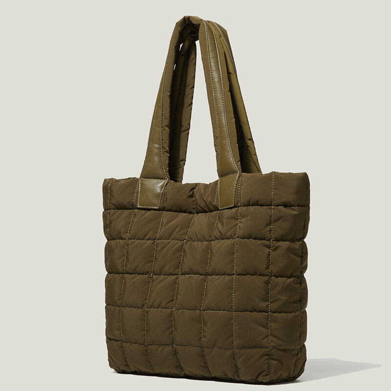 Plaid Puffy Thread Tote for Women Shopper Large Capacity Ladies Handbags Vintage Winter Retro Female Padded Shoulder Bag Work